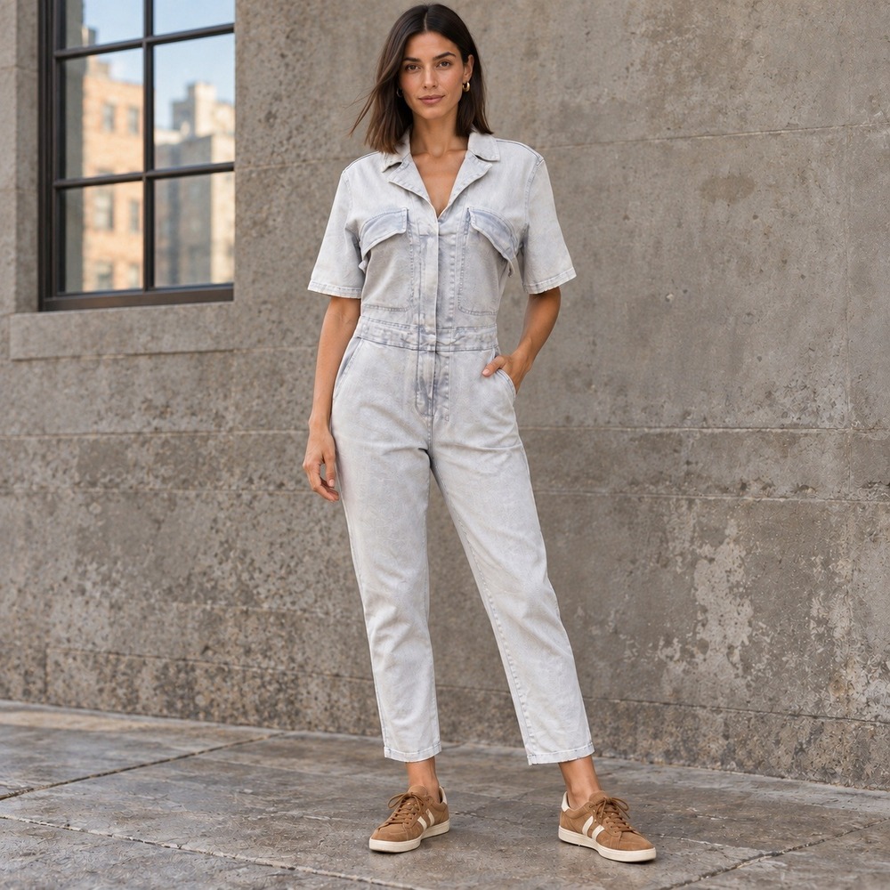 Faherty Jean Jumpsuit Womens Small Light Wash Denim Short Sleeve Acid Wash